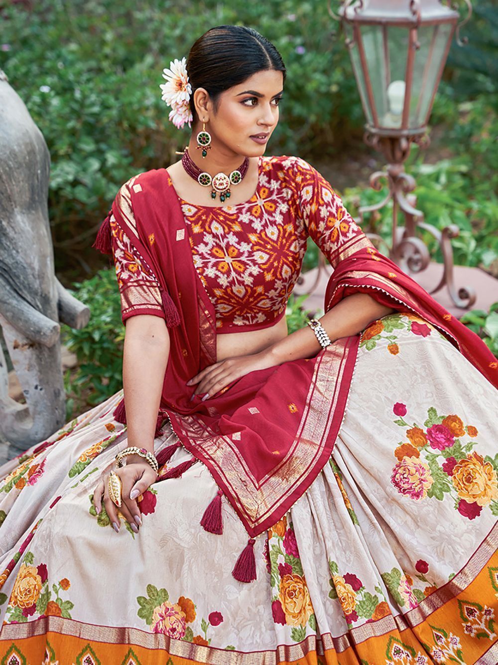 White & Red Flower Printed Tussar Silk Lehenga Choli For Garba
