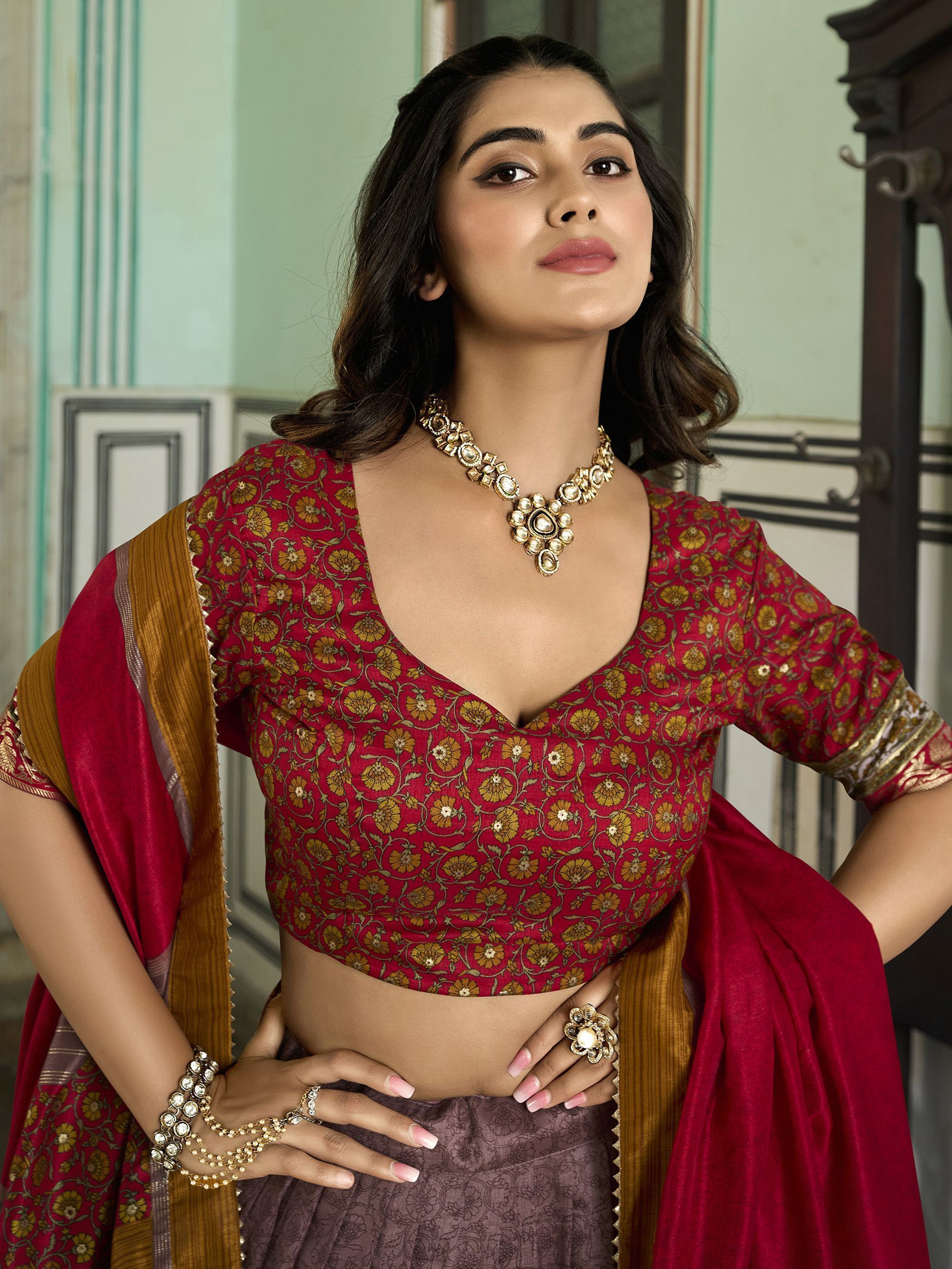 Mauve & Red Foil Printed Silk Lehenga Choli For Garba