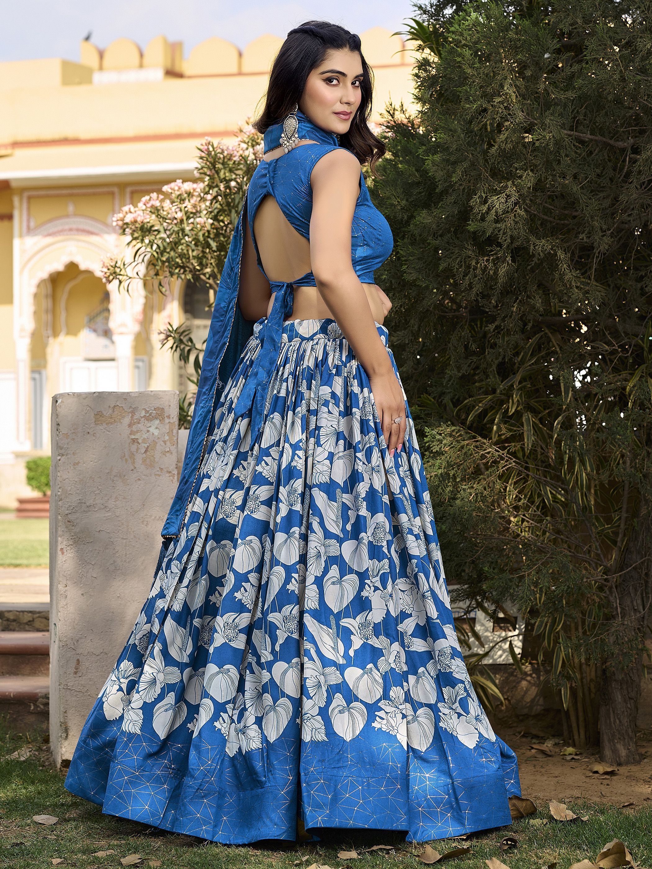 Blue Festive Wear Foil Printed Tussar Silk Lehenga Choli