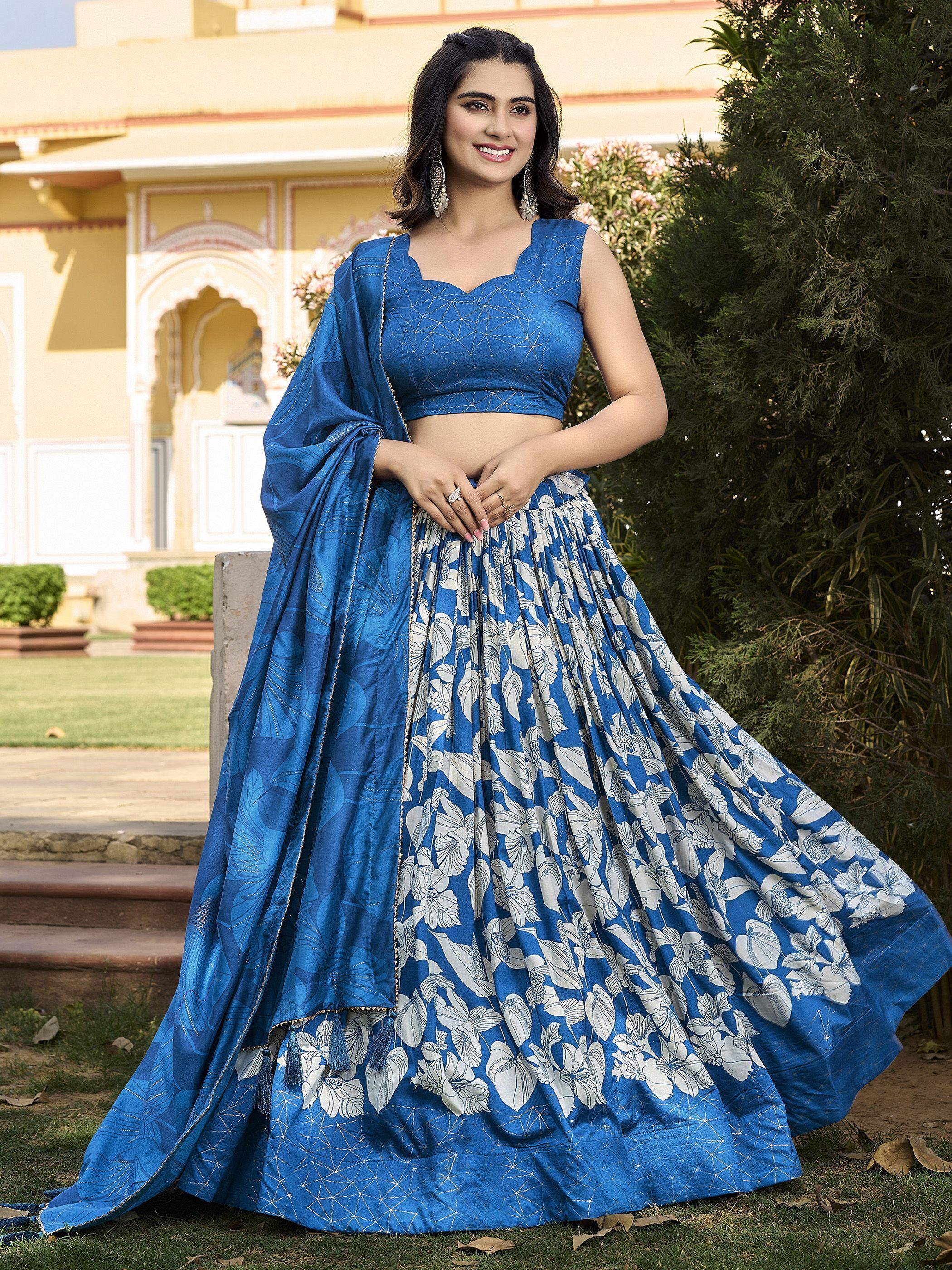 Blue Festive Wear Foil Printed Tussar Silk Lehenga Choli