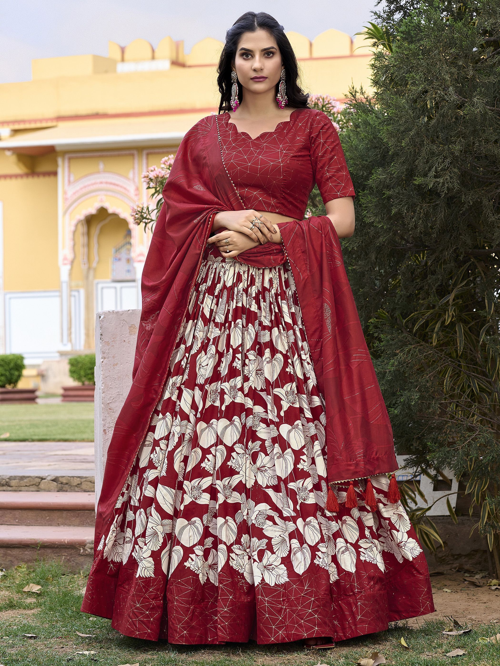 Red Festive Wear Foil Printed Tussar Silk Lehenga Choli