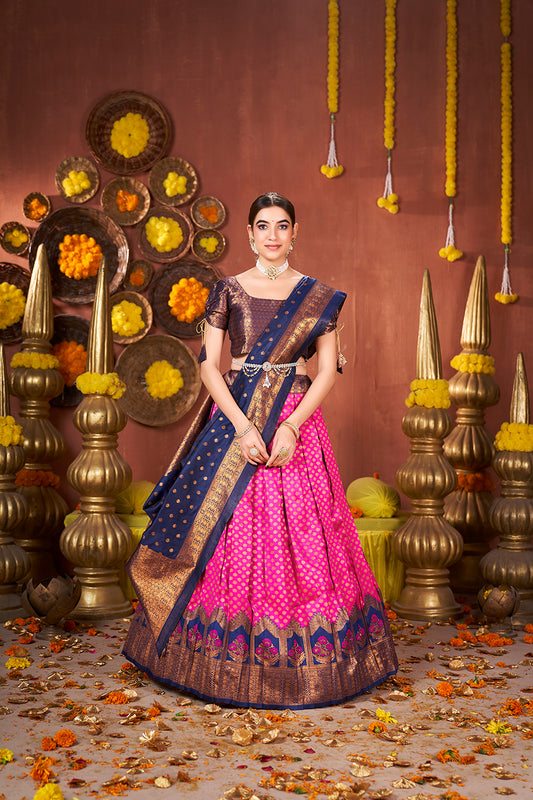 Pink & Navy Blue Banarasi Silk Half Saree Lehenga Choli