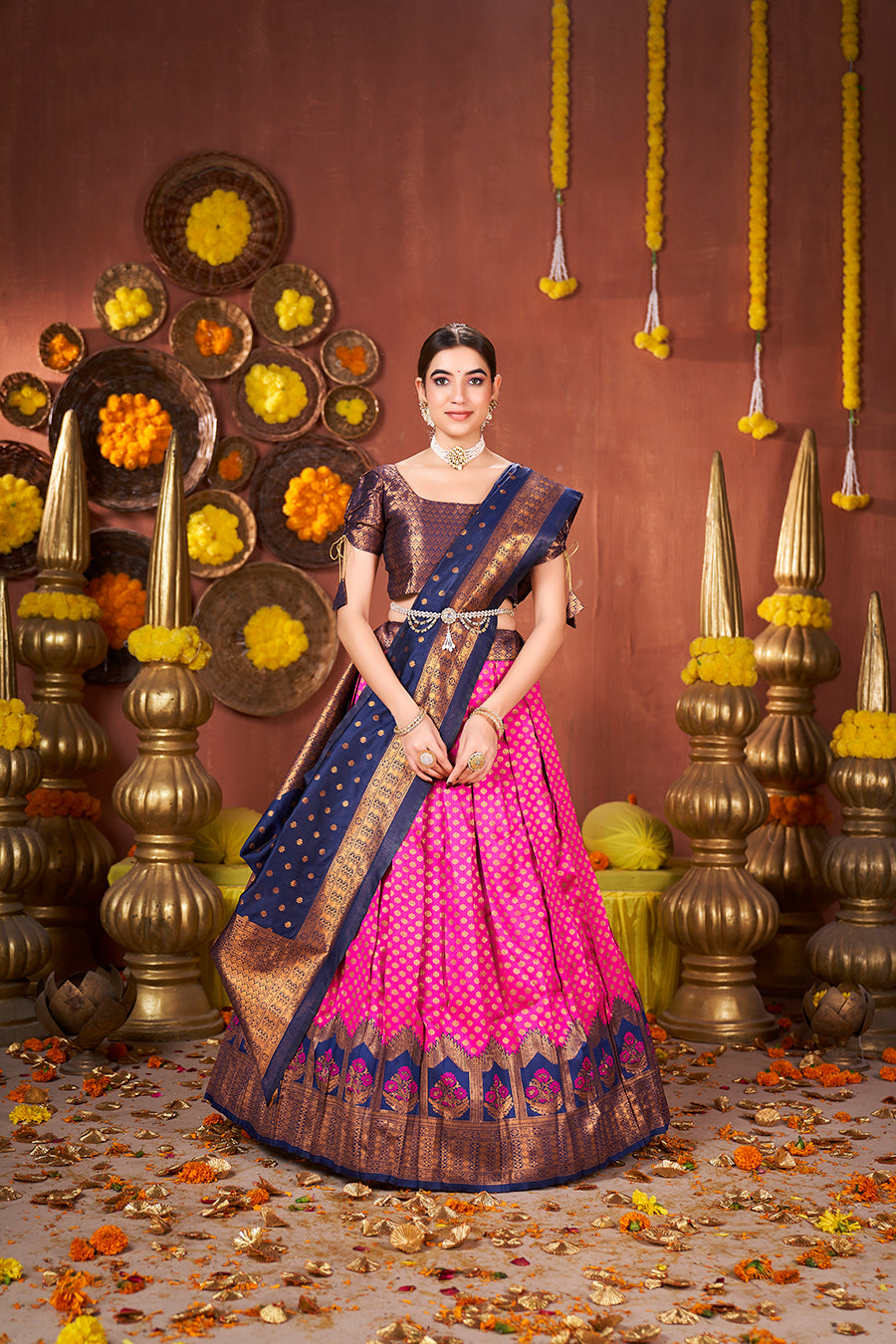Pink & Navy Blue Banarasi Silk Half Saree Lehenga Choli