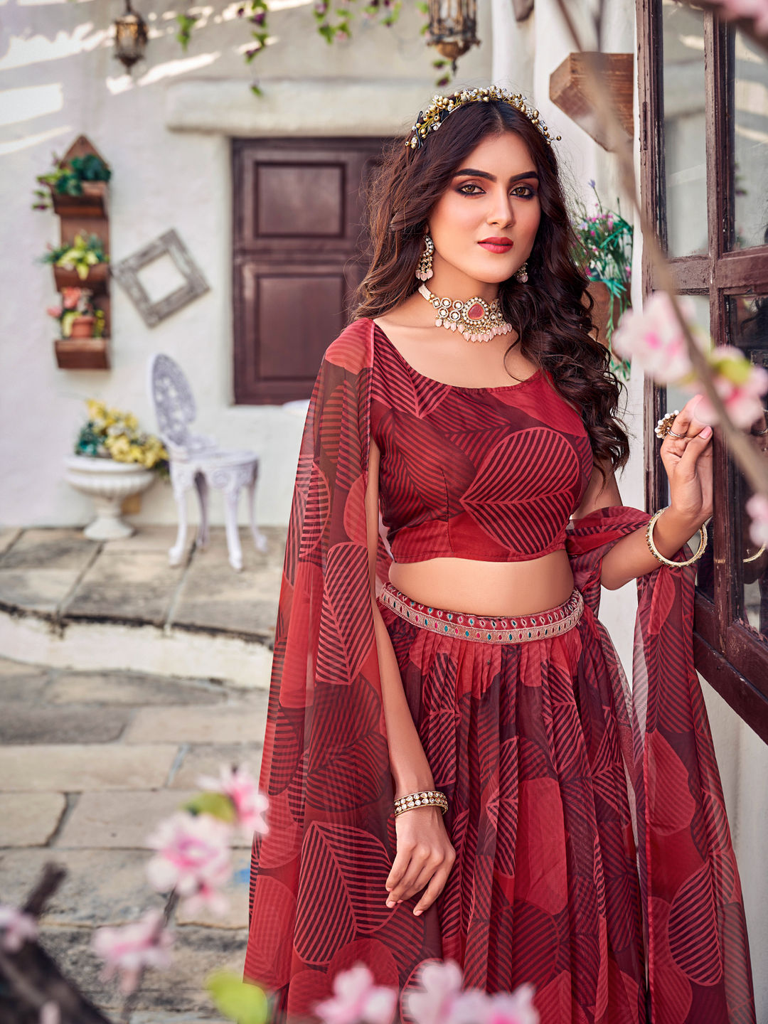Maroon Floral Printed Blended Silk Lehenga Choli