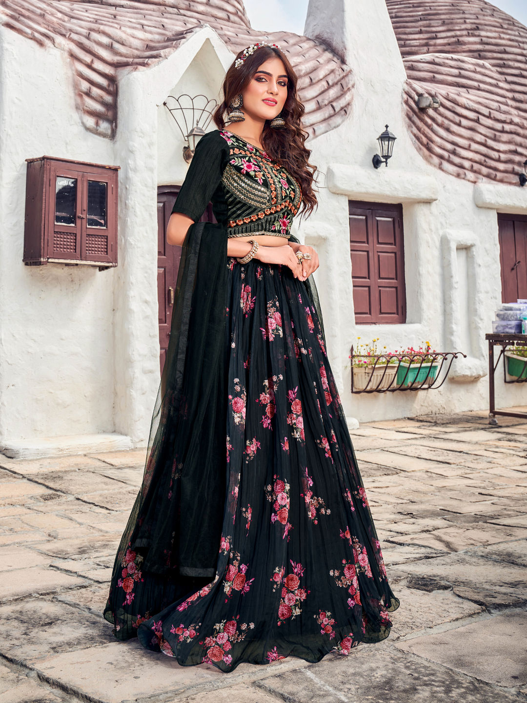 Black Floral Printed Blended Silk Lehenga Choli
