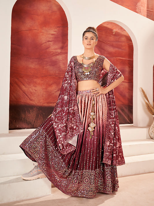 Maroon Navratri Special Chinon Silk Embroidered Lehenga Choli