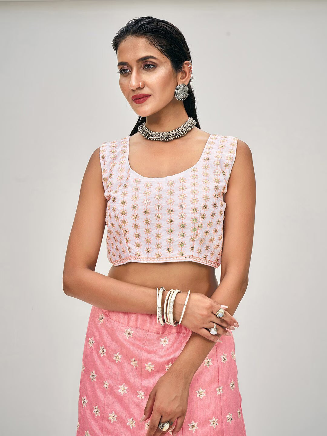 Pink & White Embroidered Lehenga & Unstitched Blouse With Dupatta