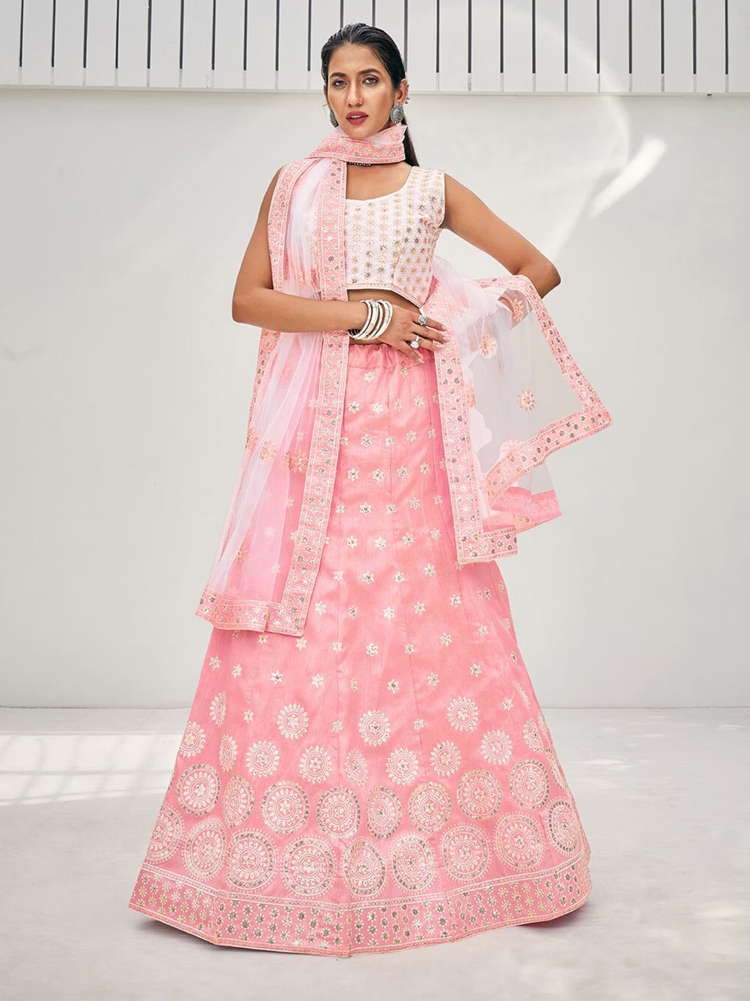 Pink & White Embroidered Lehenga & Unstitched Blouse With Dupatta