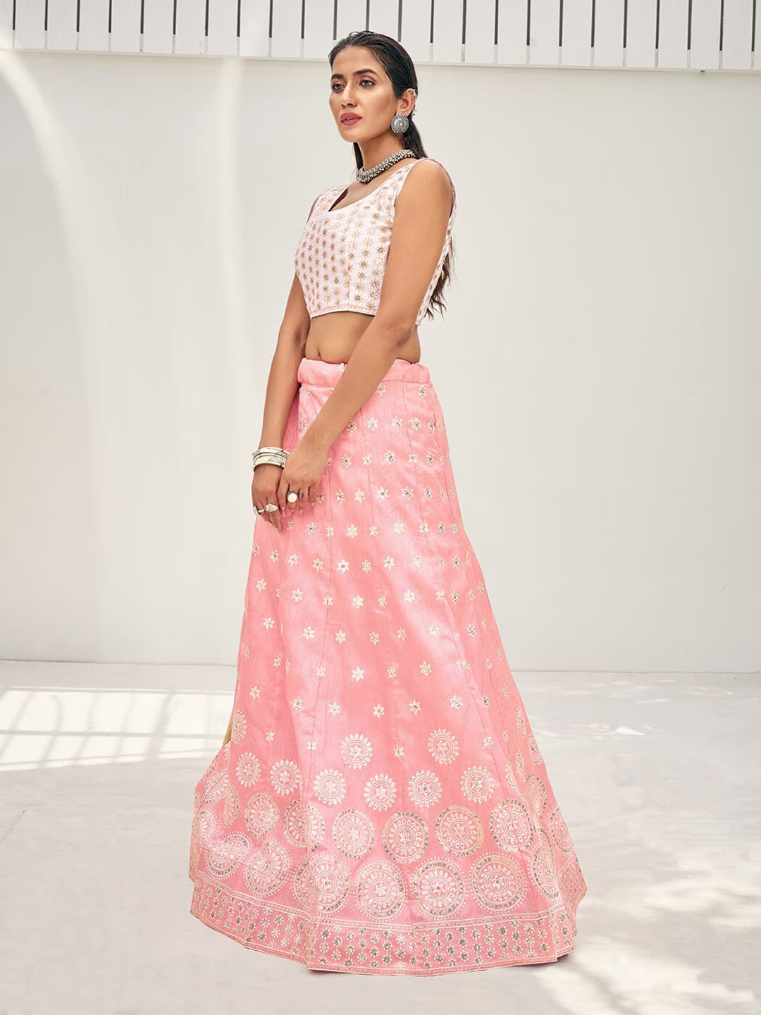 Pink & White Embroidered Lehenga & Unstitched Blouse With Dupatta