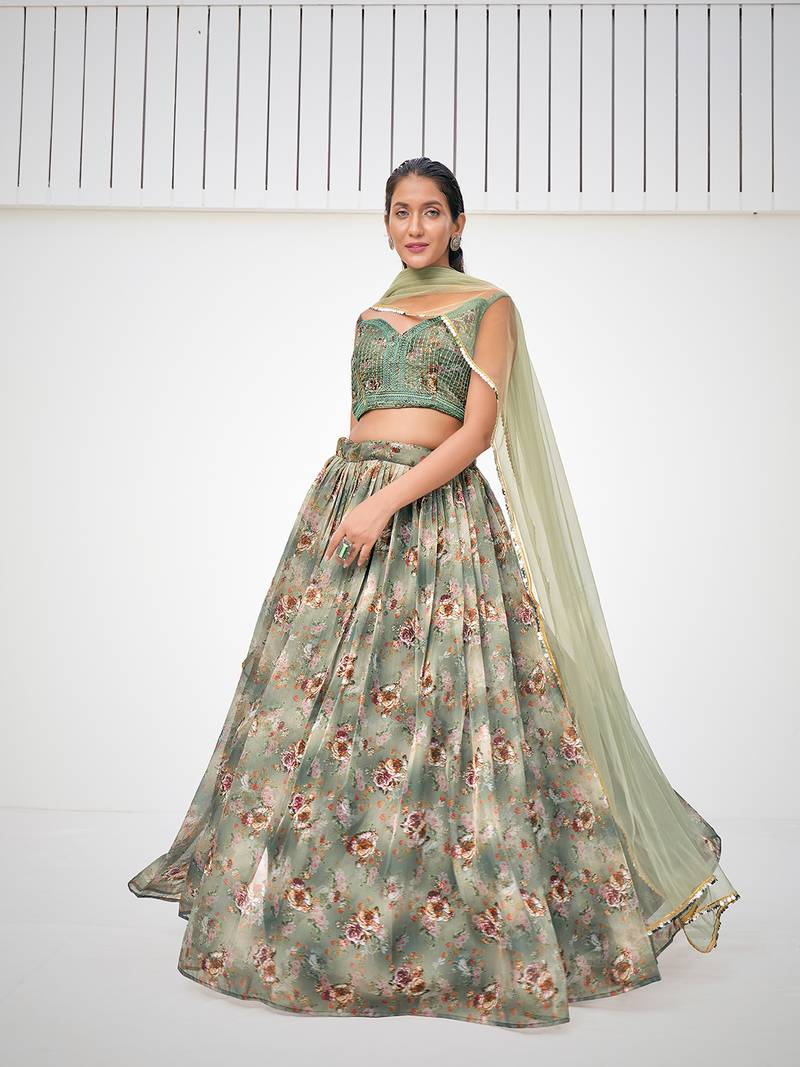 Greenish Grey Floral Printed Blended Silk Lehenga Choli