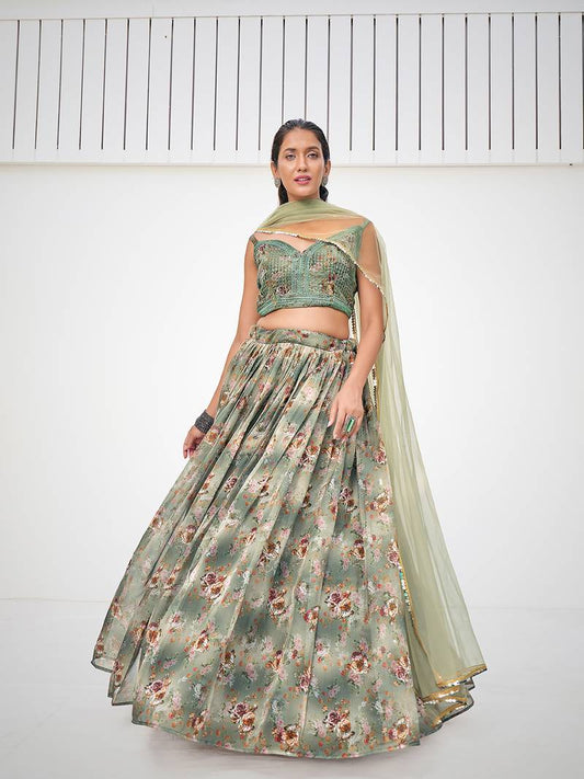 Greenish Grey Floral Printed Blended Silk Lehenga Choli
