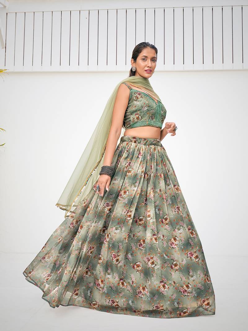 Greenish Grey Floral Printed Blended Silk Lehenga Choli
