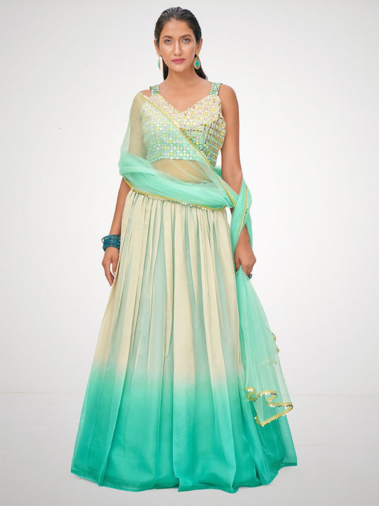 Blue & Cream Embellished Semi-Stitched Lehenga Choli With Dupatta