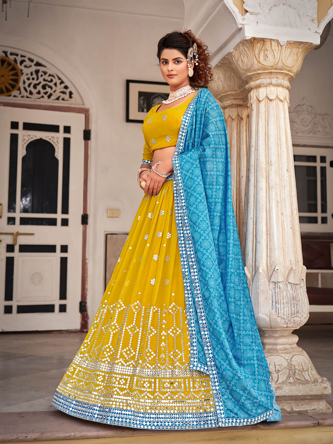 Yellow & Blue Designer Georgette Embroidered Lehenga Choli