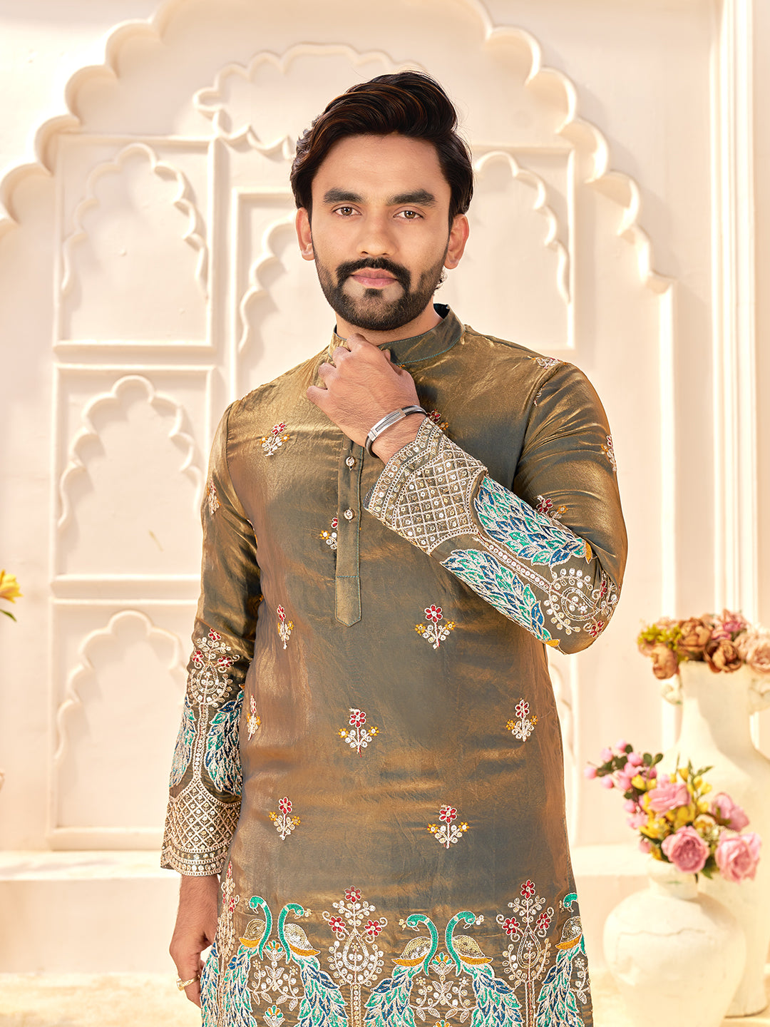 Light Golden Colour Fendi Silk Sequins And Embroidery Lehenga And Kurta Couple Set