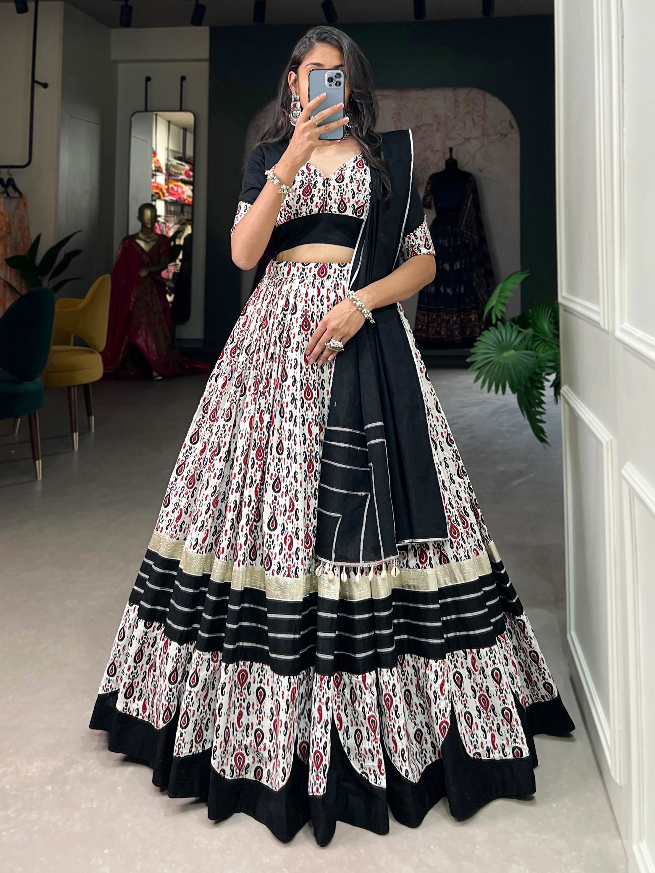 White Navratri Special Printed Cotton Lehenga Choli