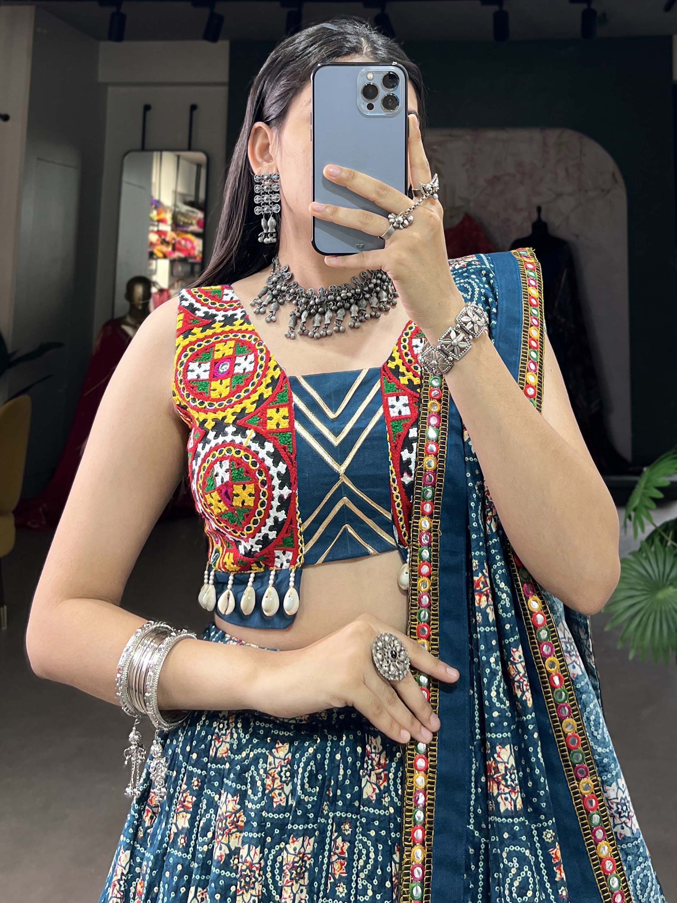 Teal Blue Navratri Special Printed Cotton Lehenga Choli