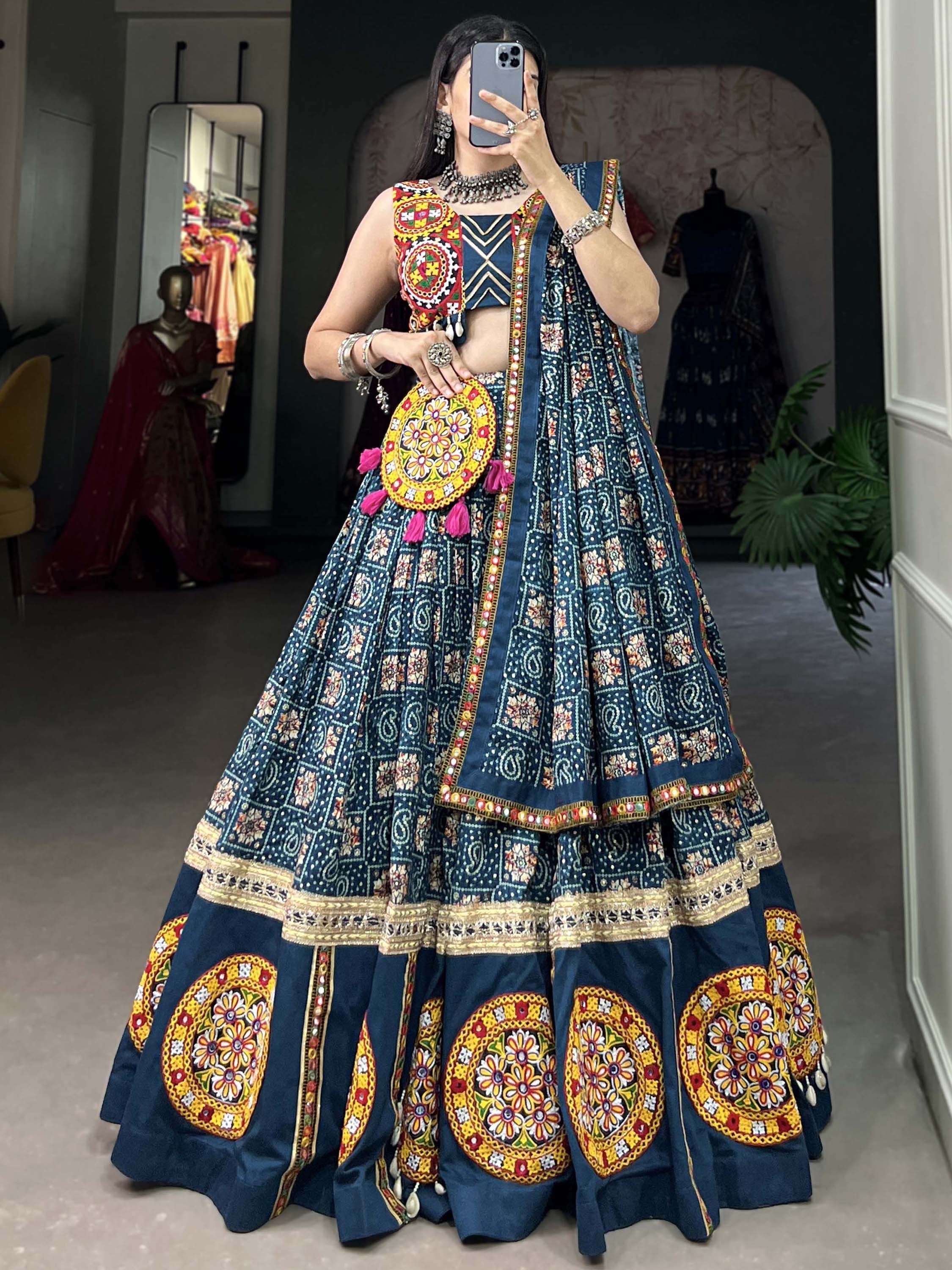 Teal Blue Navratri Special Printed Cotton Lehenga Choli