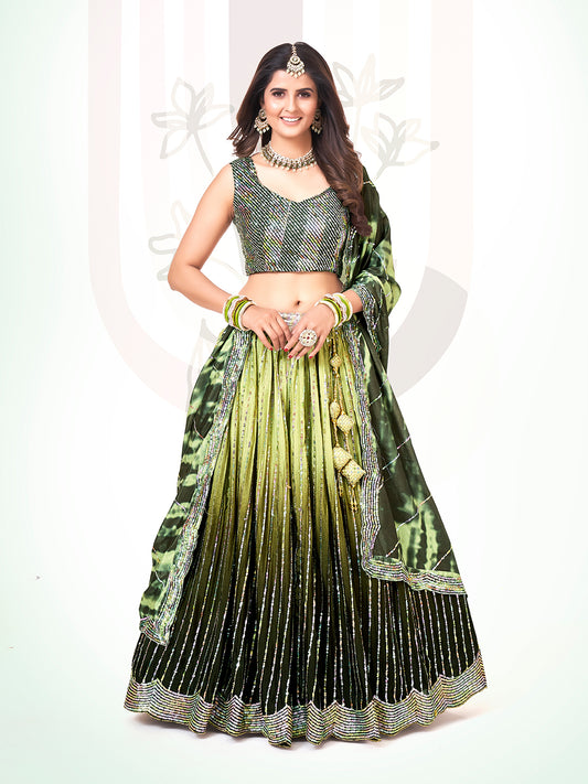 Green Two-Tone Sequin Embroidered Lehenga Choli Set with Dupatta - Elegant Party Wear