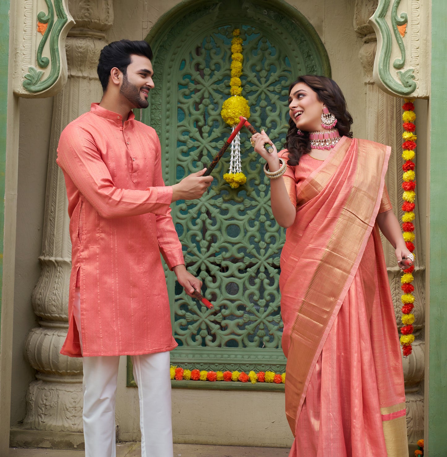 Sumitra Pink Silk Couple Wear Saree with Kurta