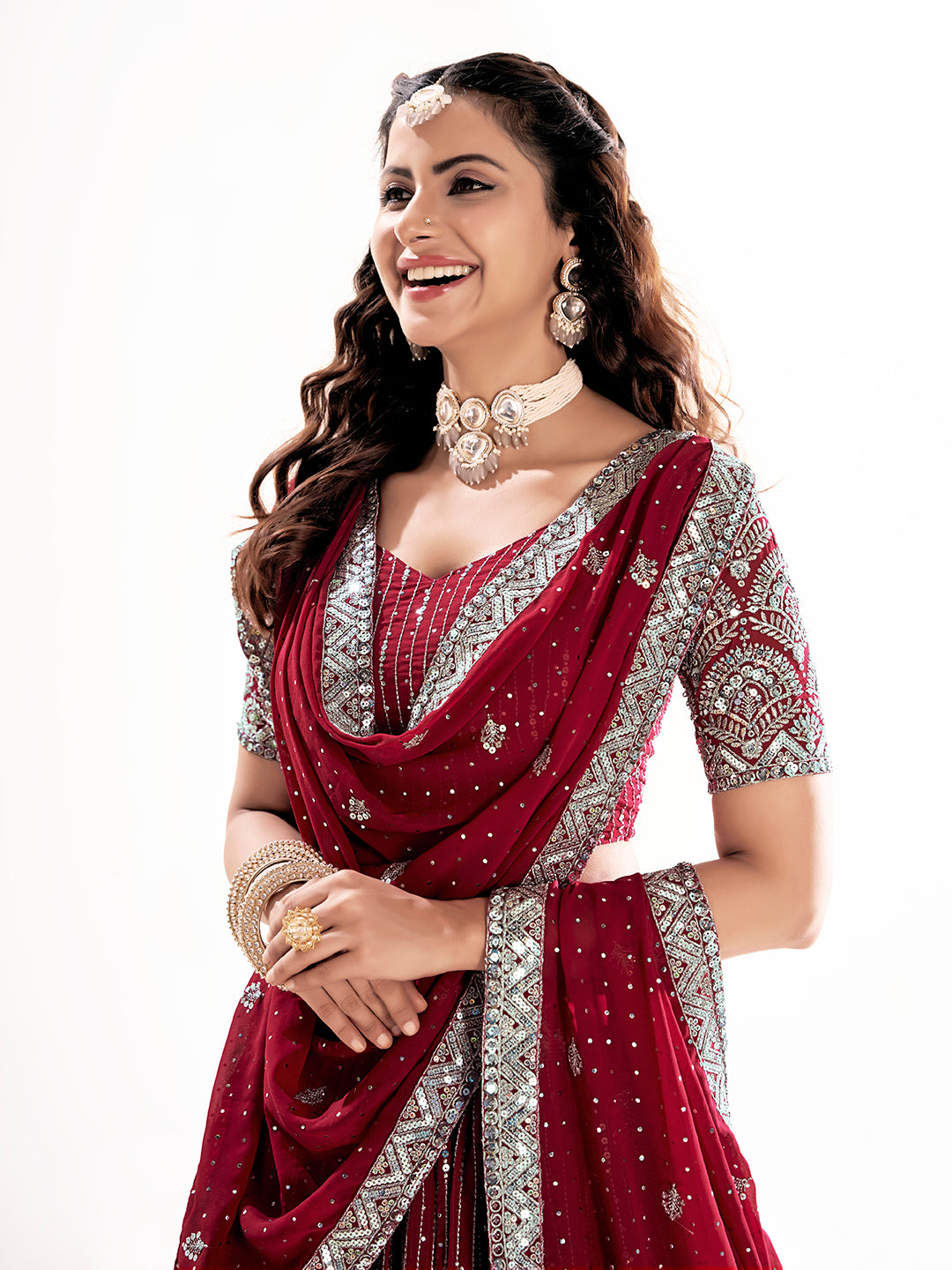 Dark Red Georgette Designer Semi-Stitch Lehenga Choli