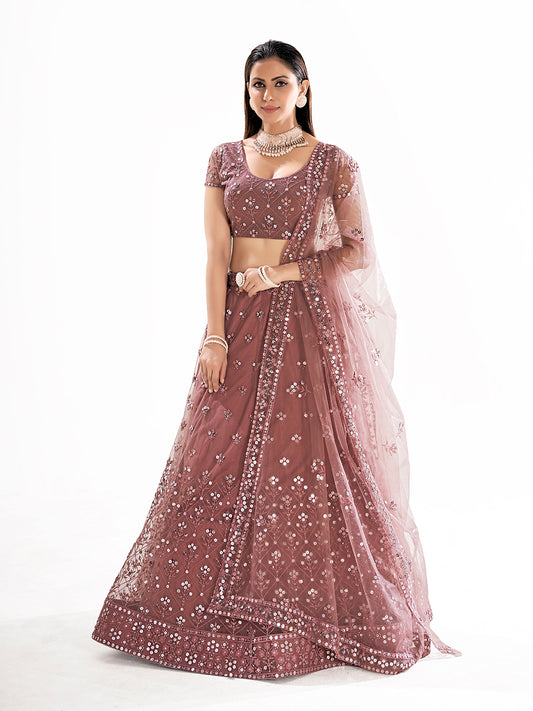 Brown Sequins Embroidered Net Lehenga Choli