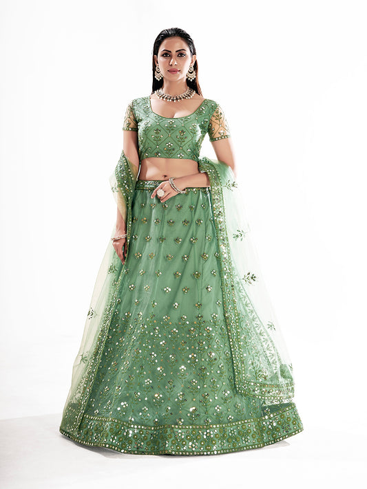 Pista Green Sequins Embroidered Net Lehenga Choli