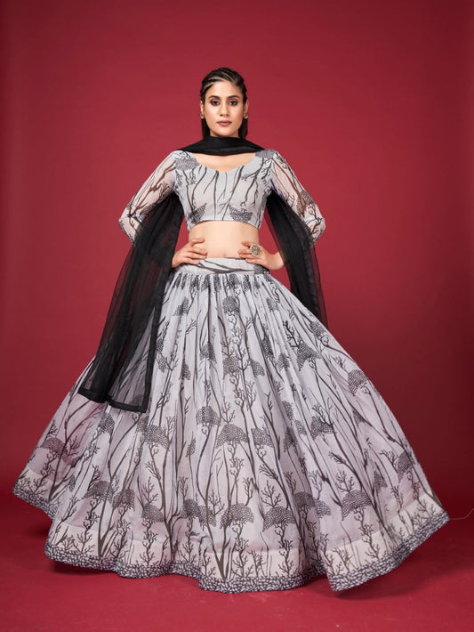 White & Black Silk Lehenga Choli With Net Dupatta