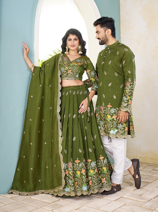 Shopgarb Mahendi Embroidered Lehenga & Matching Men's Kurta Set