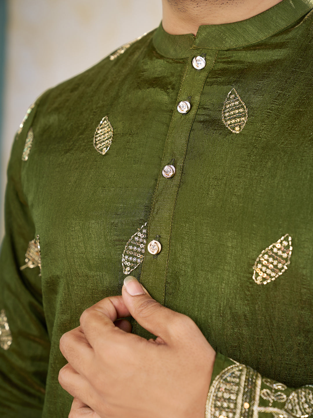 Shopgarb Mahendi Embroidered Lehenga & Matching Men's Kurta Set