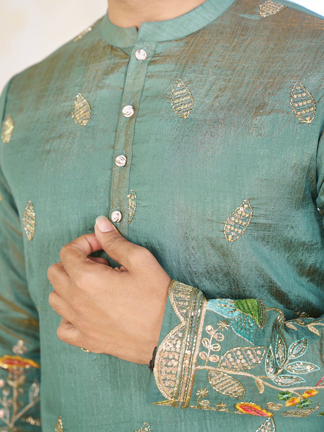 Embroidered Mandarin Collar Thread Work Silk Straight Kurta