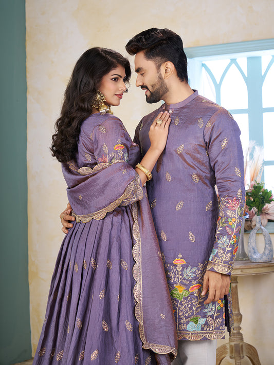 Shopgarb Purple Embroidered Lehenga & Matching Men's Kurta Set