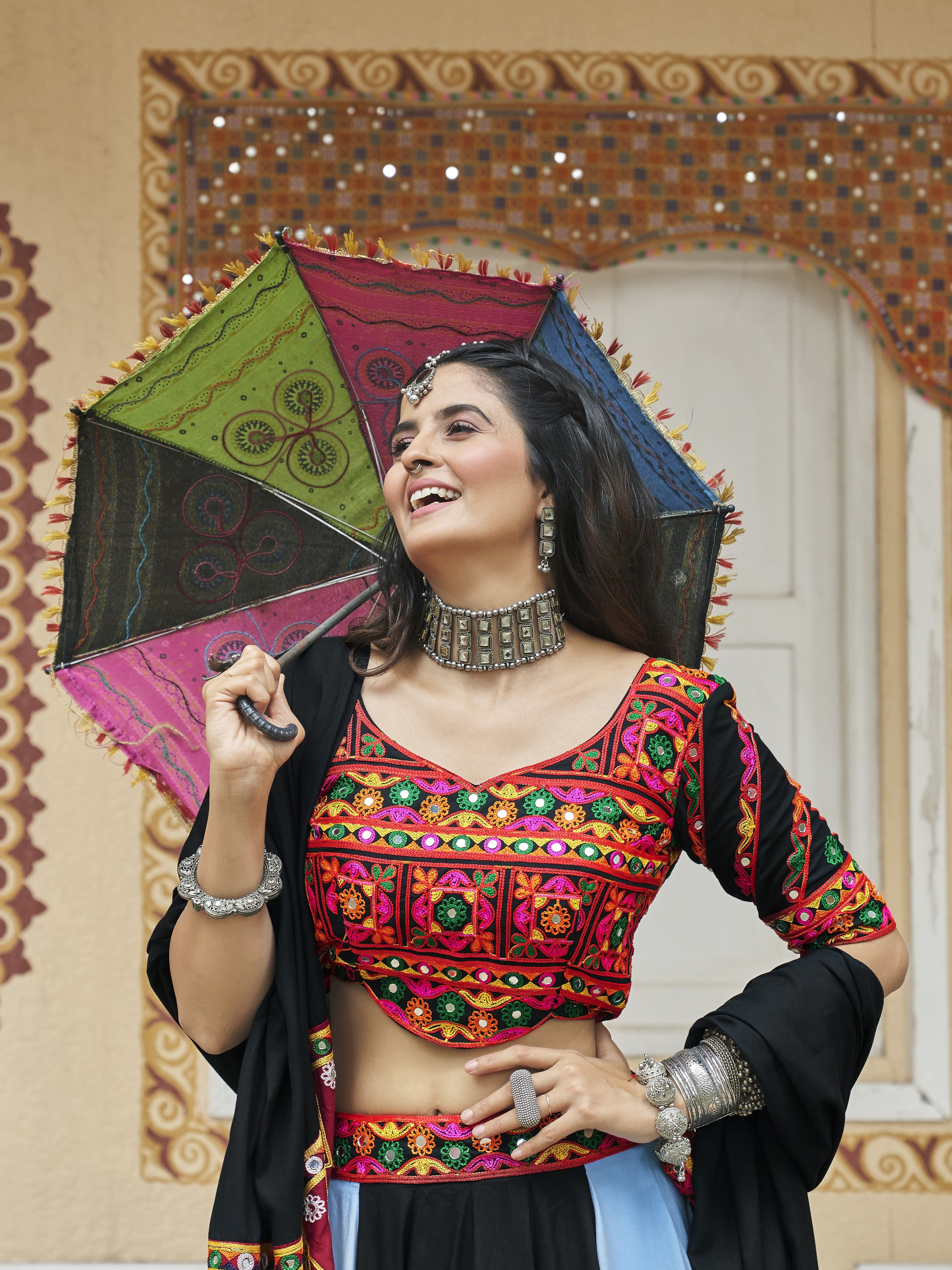 Sky Blue & Black Viscose Rayon Embroidered Navratri Lehenga Choli