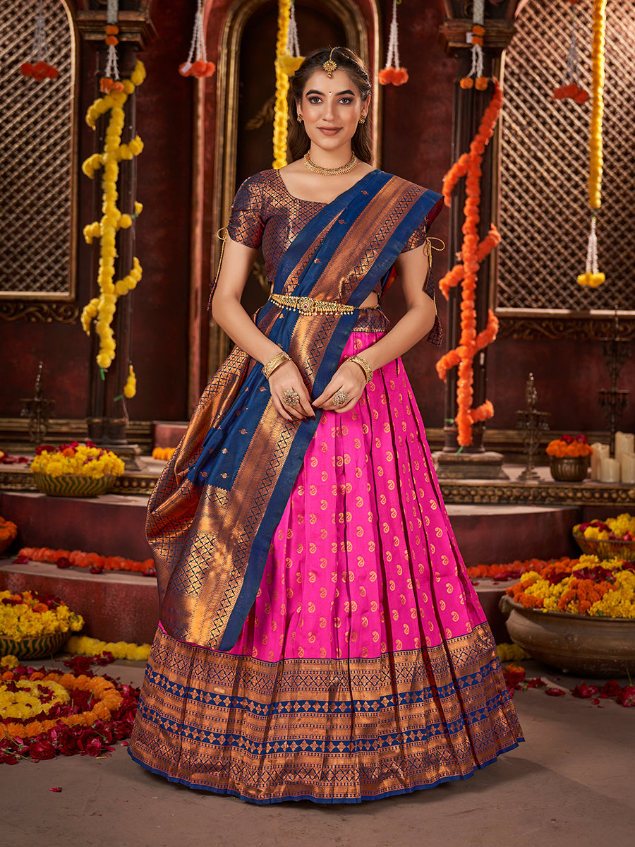 Pink & Dark Blue Banarasi Silk Half Saree Lehenga Choli