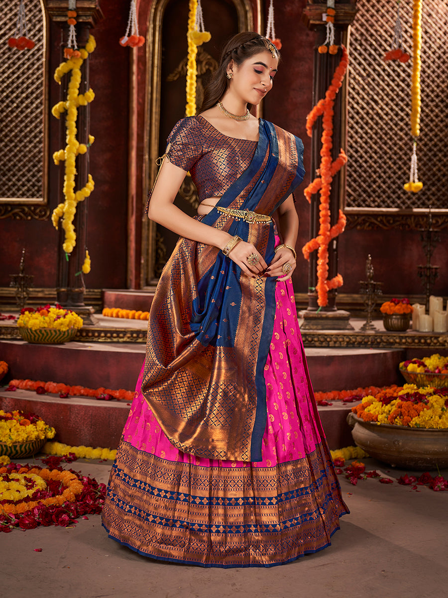 Pink & Dark Blue Banarasi Silk Half Saree Lehenga Choli