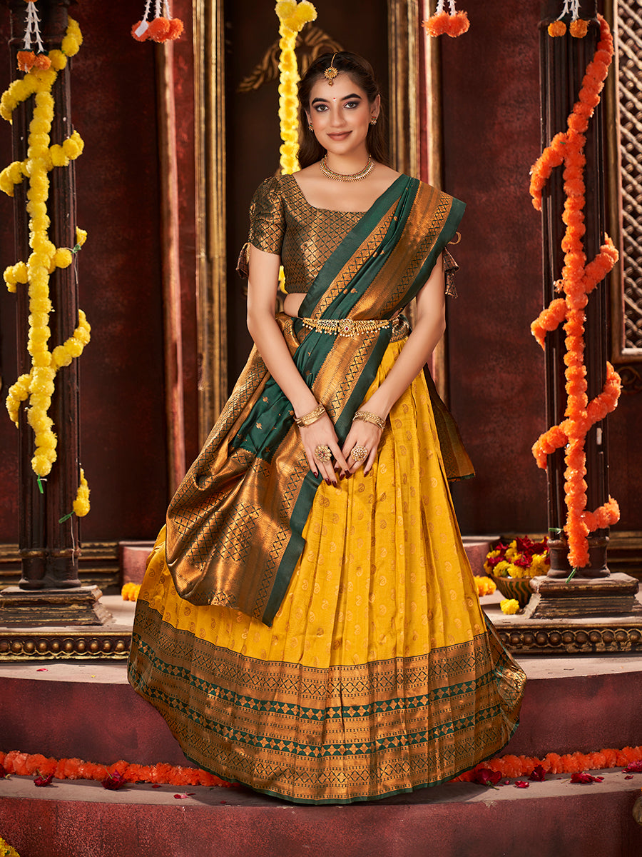 Yellow & Dark Green Banarasi Silk Half Saree Lehenga Choli