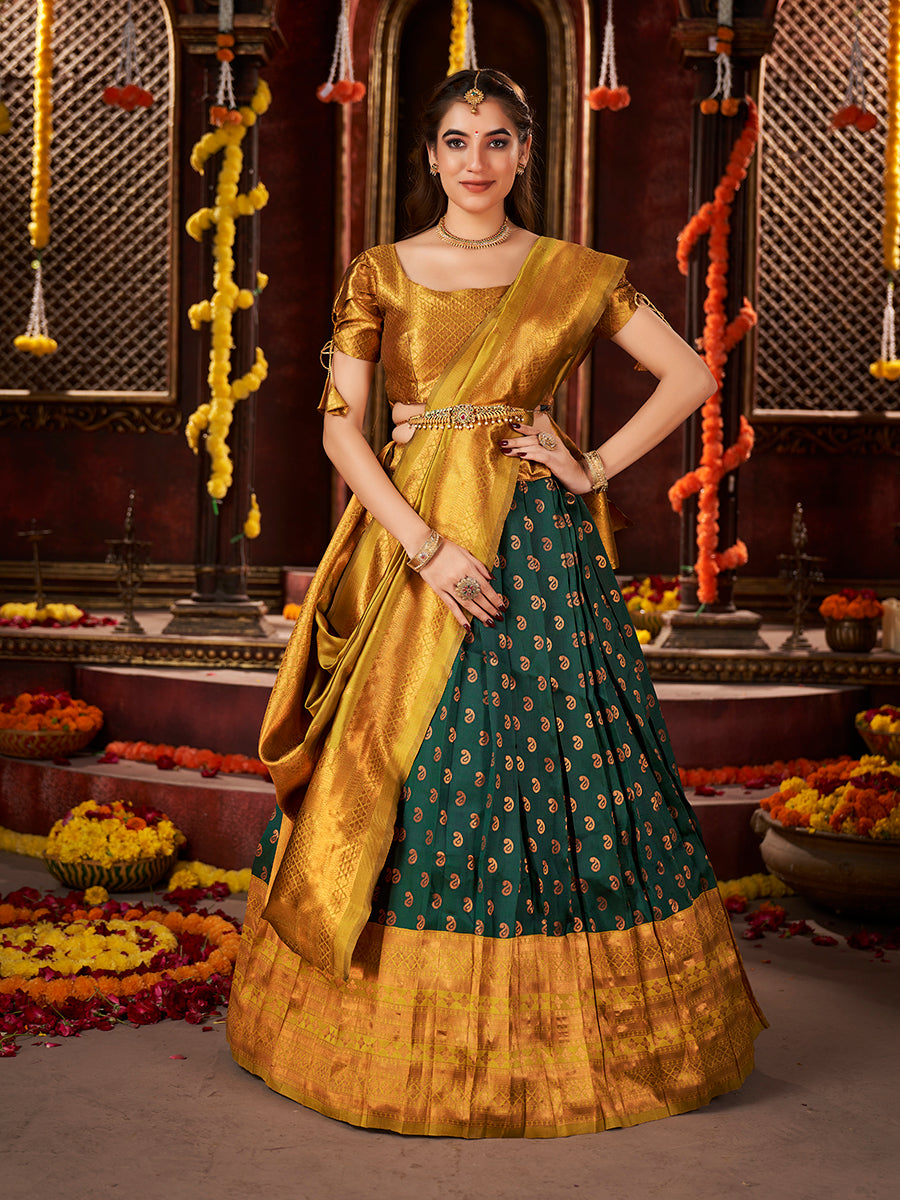 Dark Green & Yellow Banarasi Silk Half Saree Lehenga Choli