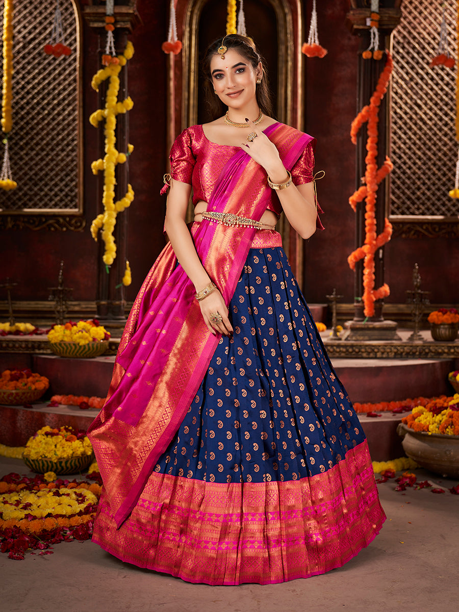 Royal Blue & Pink Banarasi Silk Half Saree Lehenga Choli