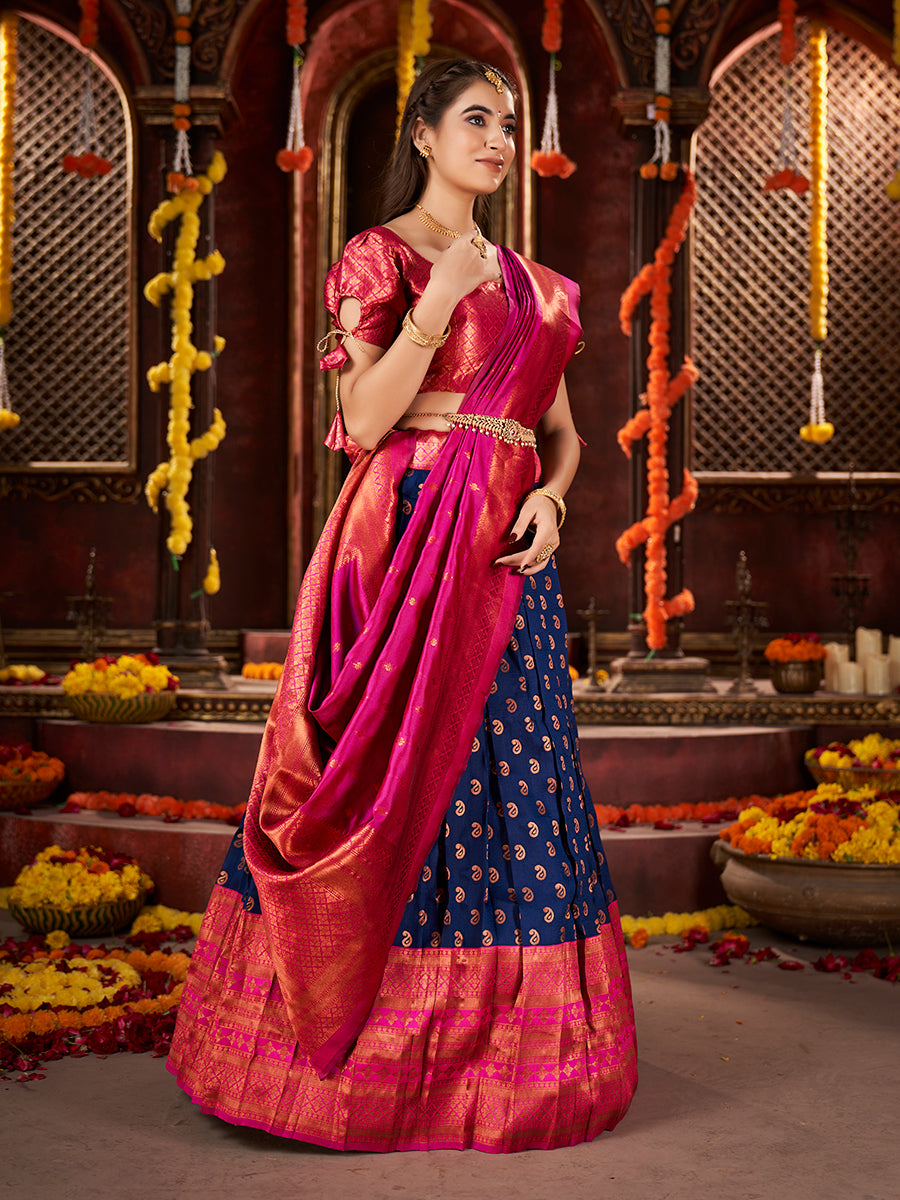 Royal Blue & Pink Banarasi Silk Half Saree Lehenga Choli