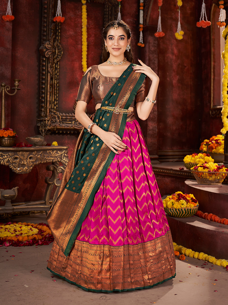 Pink & Dark Green Banarasi Silk Half Saree Lehenga Choli