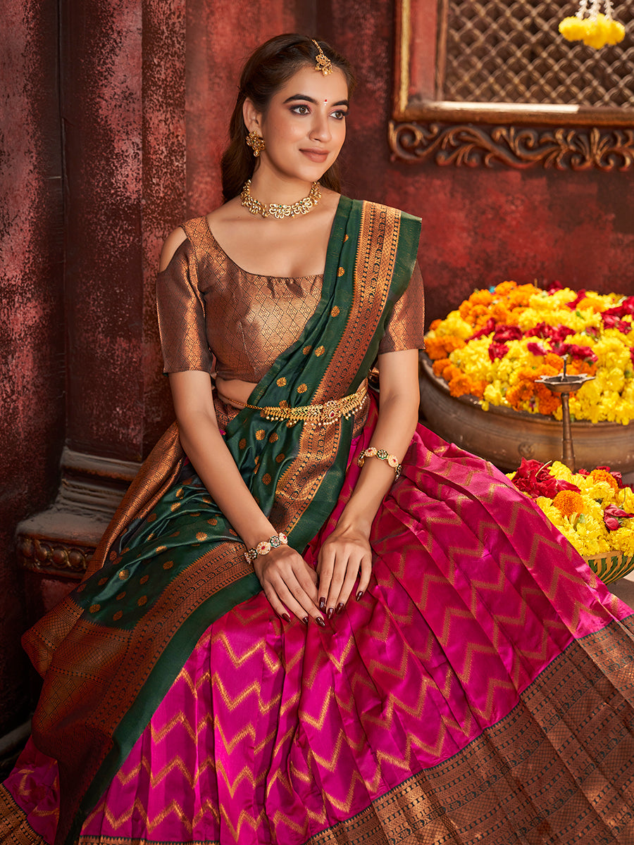Pink & Dark Green Banarasi Silk Half Saree Lehenga Choli