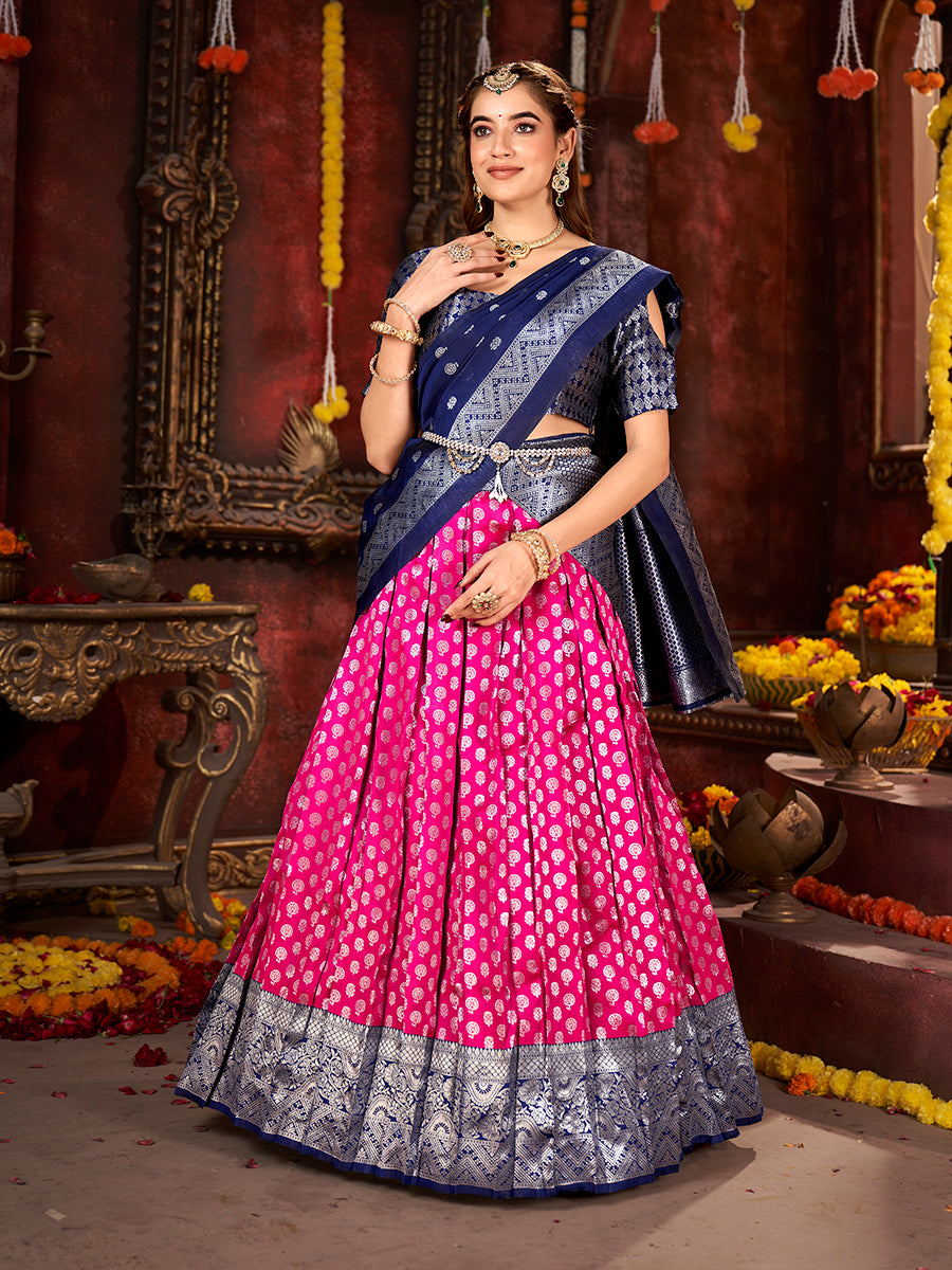 Dark Pink & Blue Banarasi Silk Half Saree Lehenga Choli