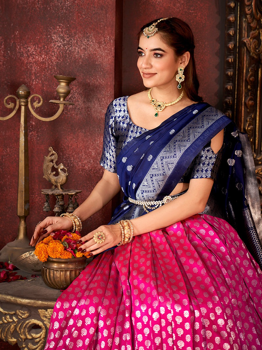 Dark Pink & Blue Banarasi Silk Half Saree Lehenga Choli