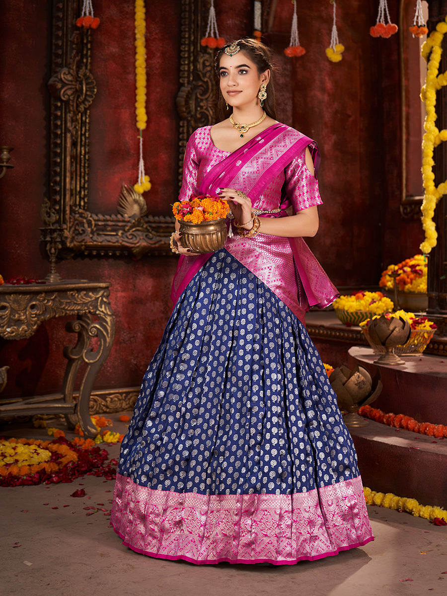 Dark Blue & Pink Banarasi Silk Half Saree Lehenga Choli