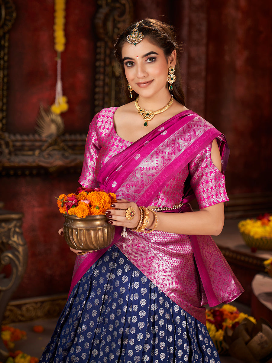 Dark Blue & Pink Banarasi Silk Half Saree Lehenga Choli