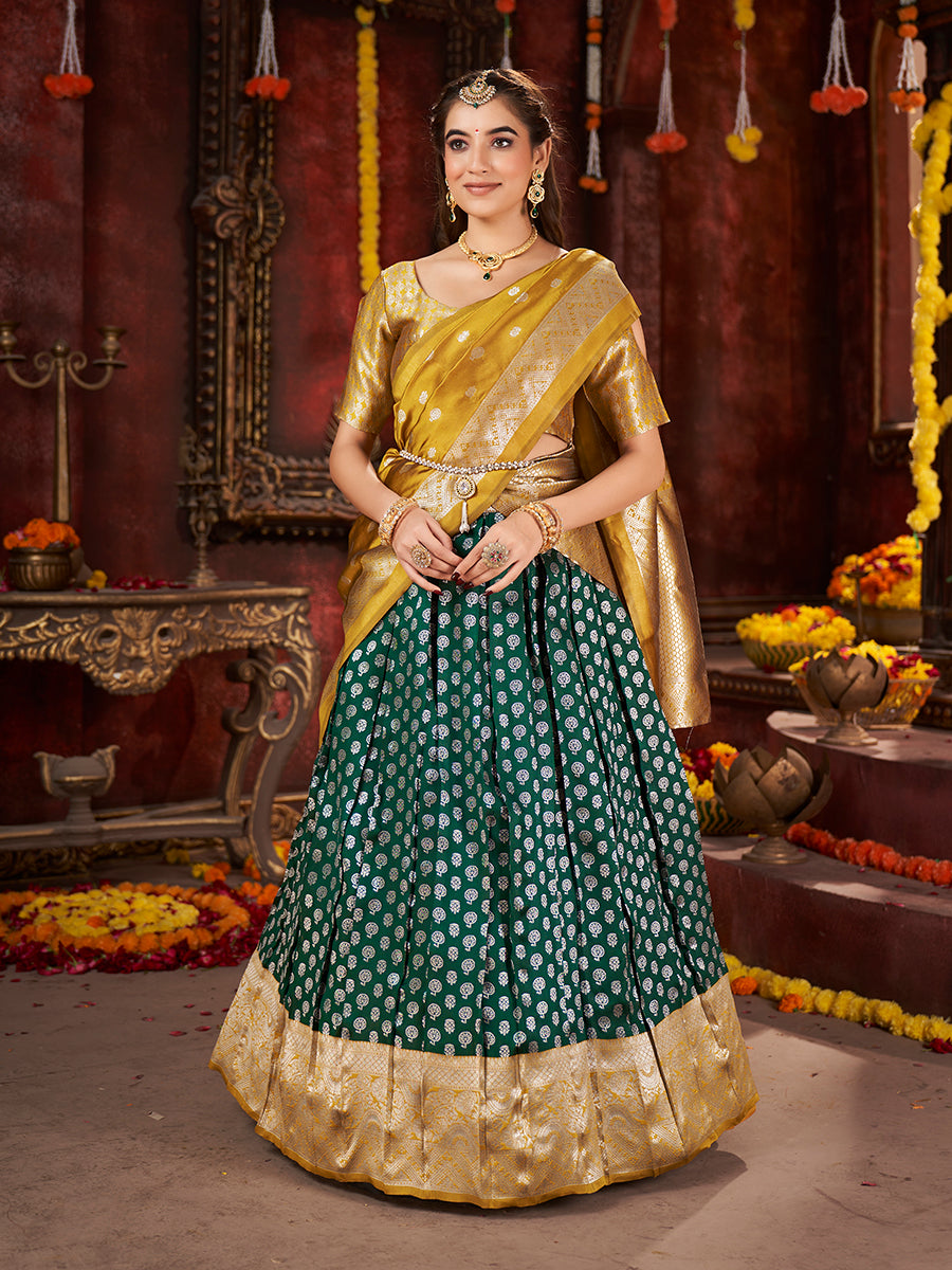 Rama Green & Yellow Banarasi Silk Half Saree Lehenga Choli