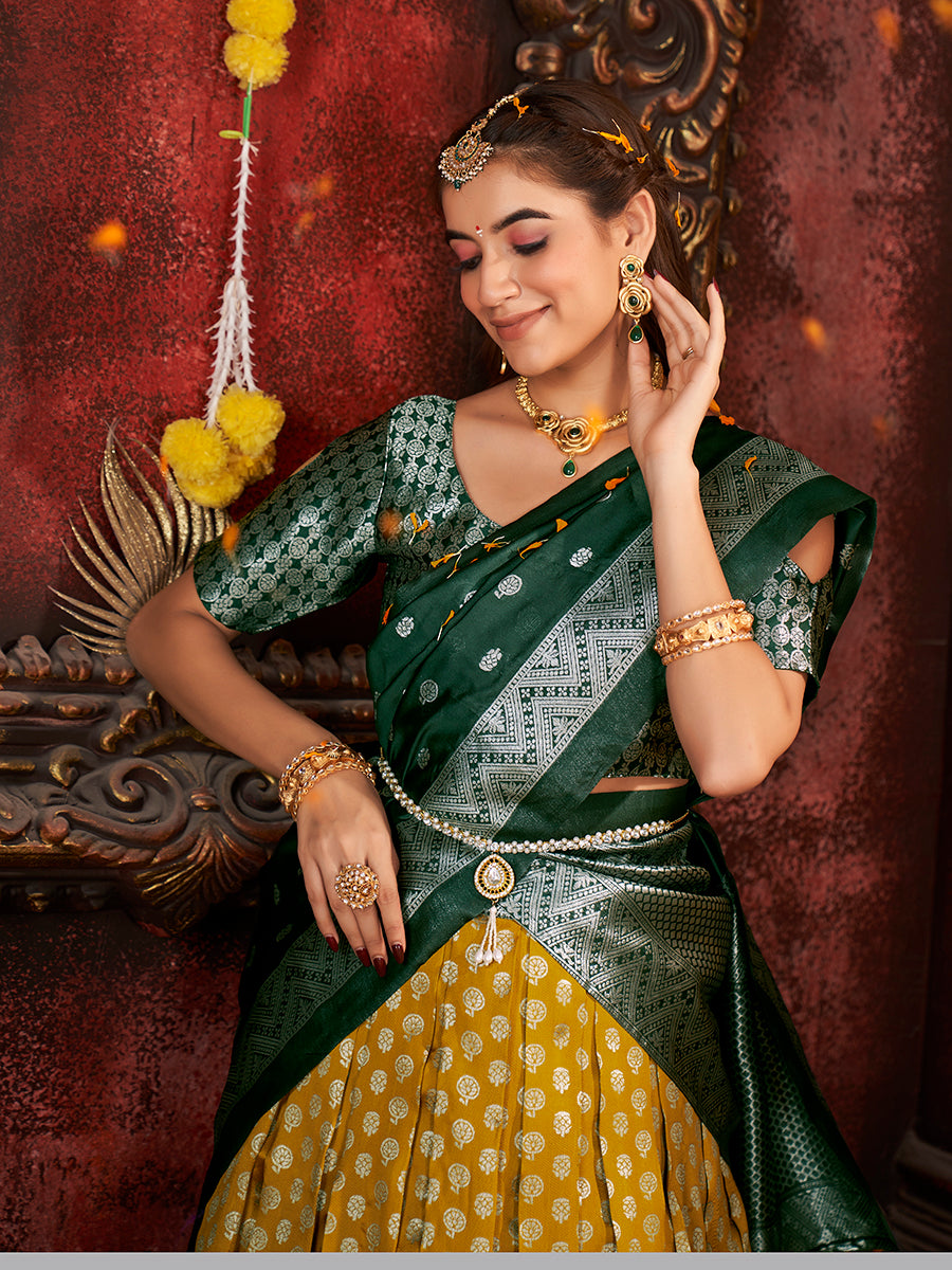 Two-Tone Green Banarasi Silk Half Saree Lehenga Choli