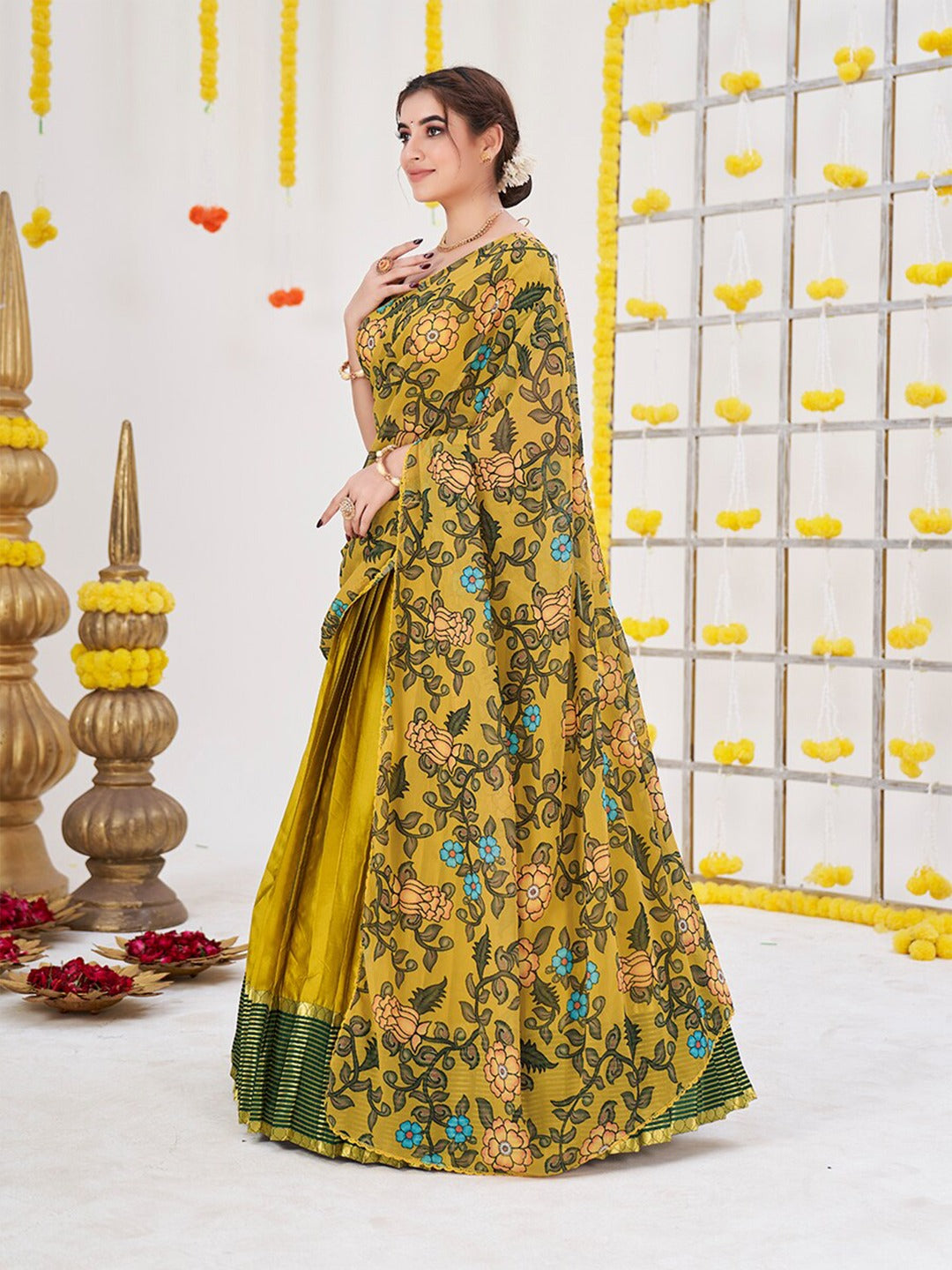 Olive Green Woven Banarasi Silk Half Saree Lehenga