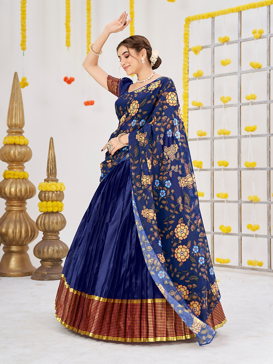 Dark Blue Woven Banarasi Silk Half Saree Lehenga