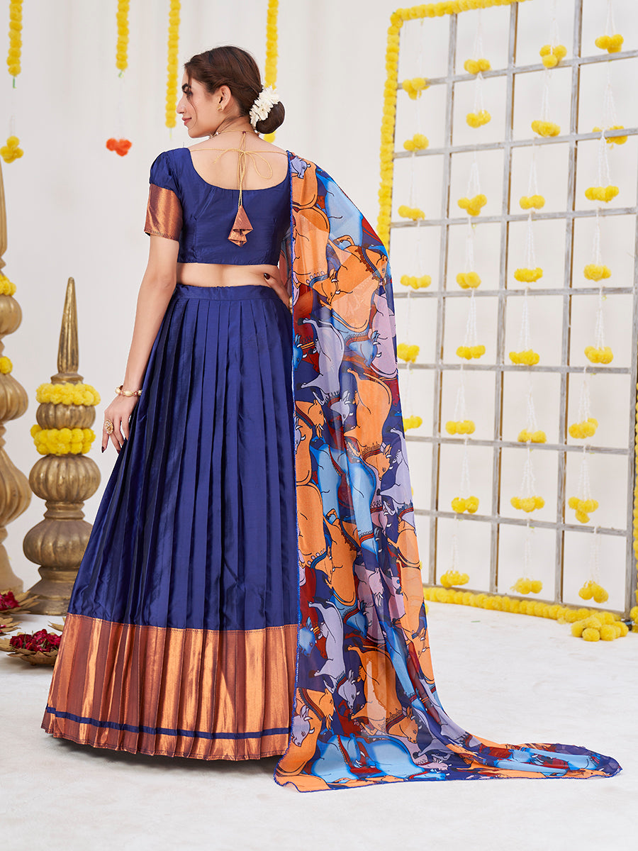 Navy Blue & Golden Woven Banarasi Silk Half Saree Lehenga
